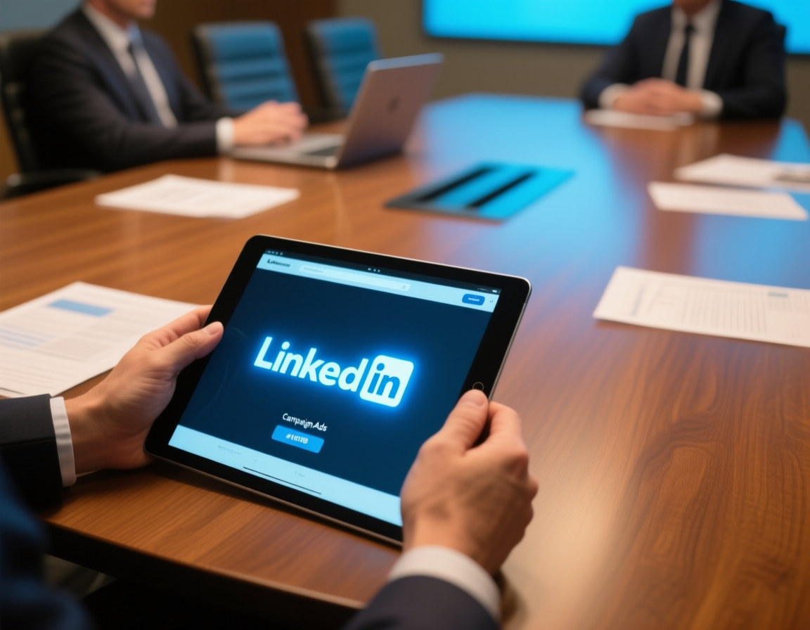 Tablet with a LinkedIn Ads advertisement in an executive meeting room