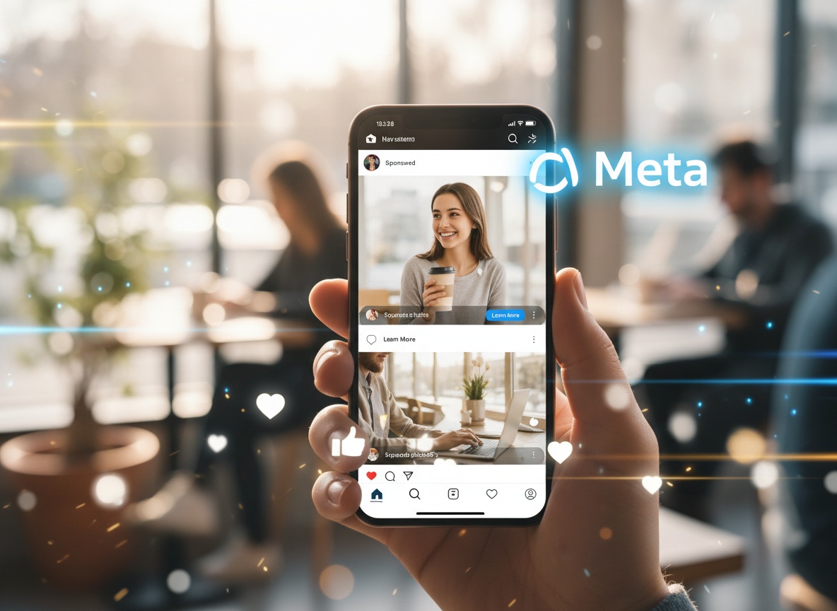 Hand holding a phone with a Meta Ads advertisement on Instagram