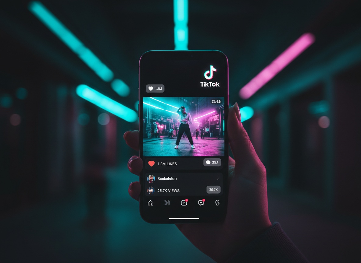 Vertical phone screen with a TikTok Ads video over a neon background